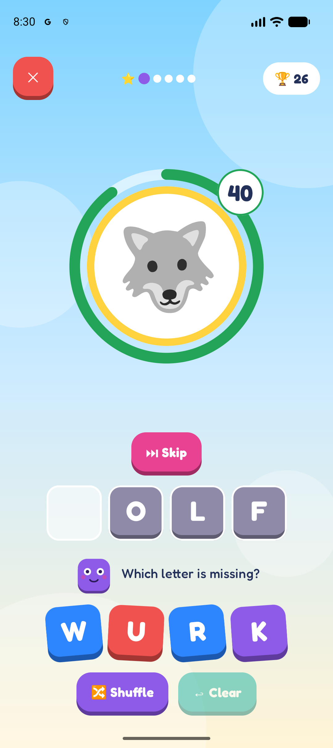 A wolf with the word _OLF and four letters to choose from