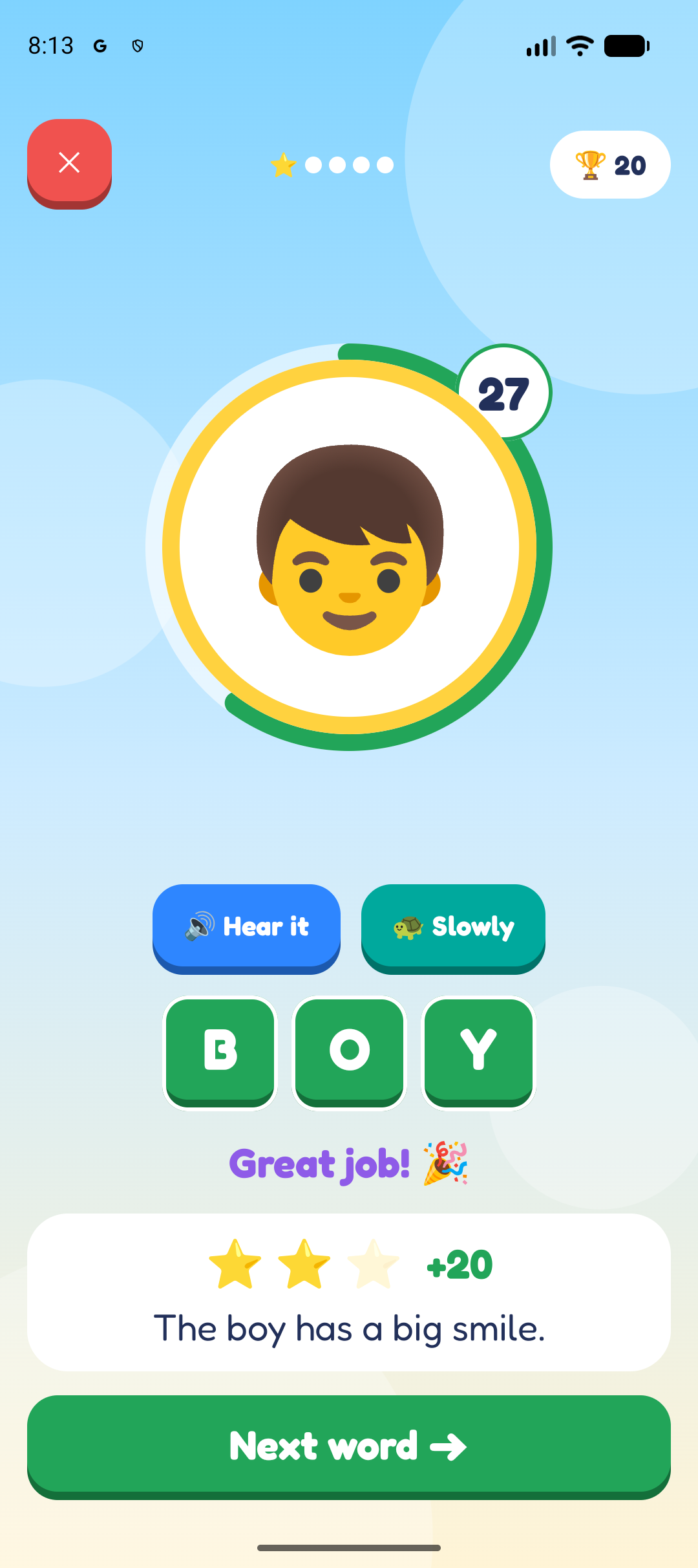 The word BOY solved, with stars, points and its sentence